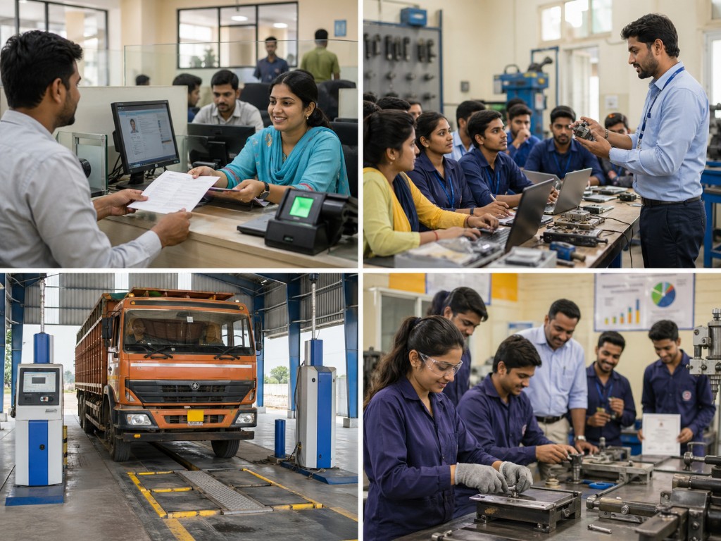Collage showing E-Mitra services, RSLDC training, vehicle fitness, and PMKVY courses